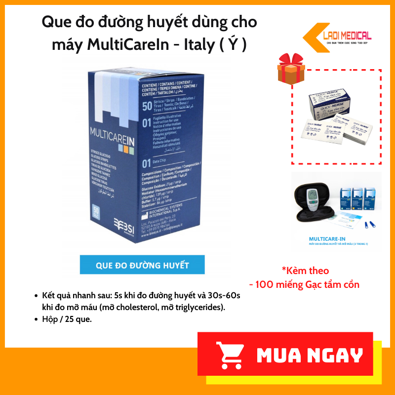 Que Thử Mỡ Máu Và Đường Huyết Dùng Cho Máy Multicare - In (Hộp 25 Que)