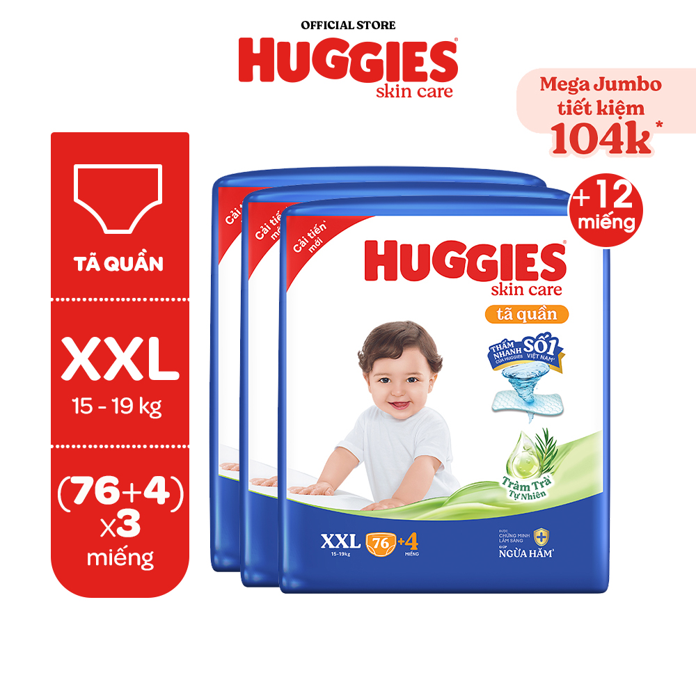 Combo 3 gói Tã quần Huggies Skincare Mega Jumbo M106/L100+4/XL84/XXL76 với tràm trà dịu da