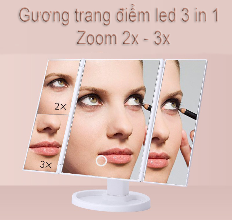 Gương Trang Điểm Hàn Quốc - Cảm Ứng Đèn Led - 4 Mặt Gương Zoom X2 X3