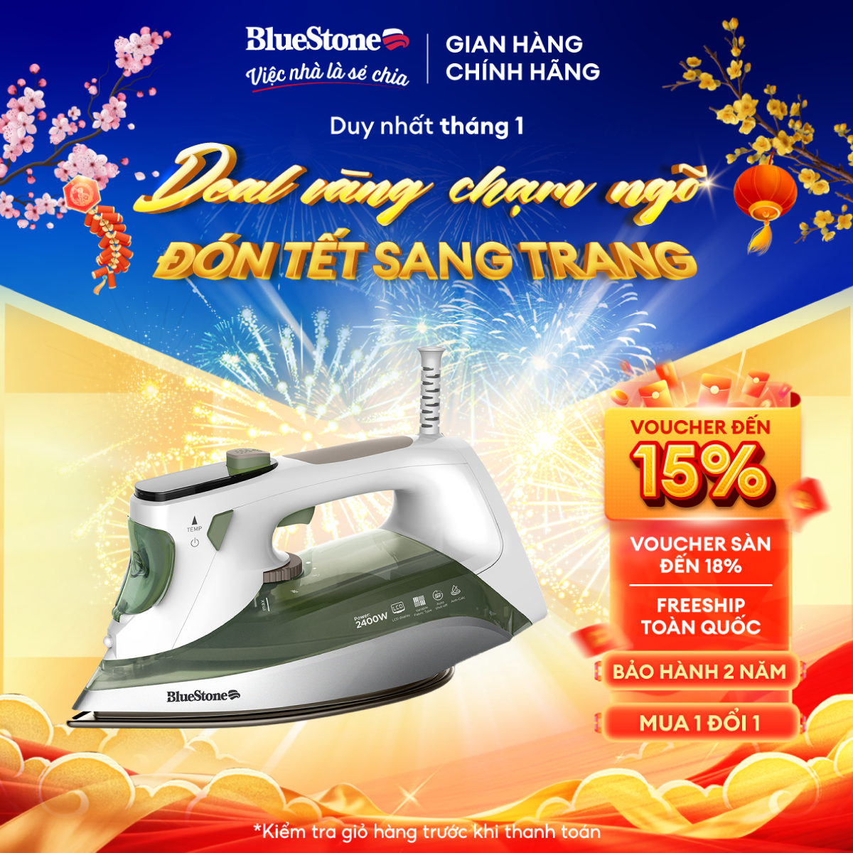Bàn ủi hơi nước cao cấp 2400W Bluestone SIB-3879 - Mặt đế ceramic - Chức năng chống vôi hóa chống nh