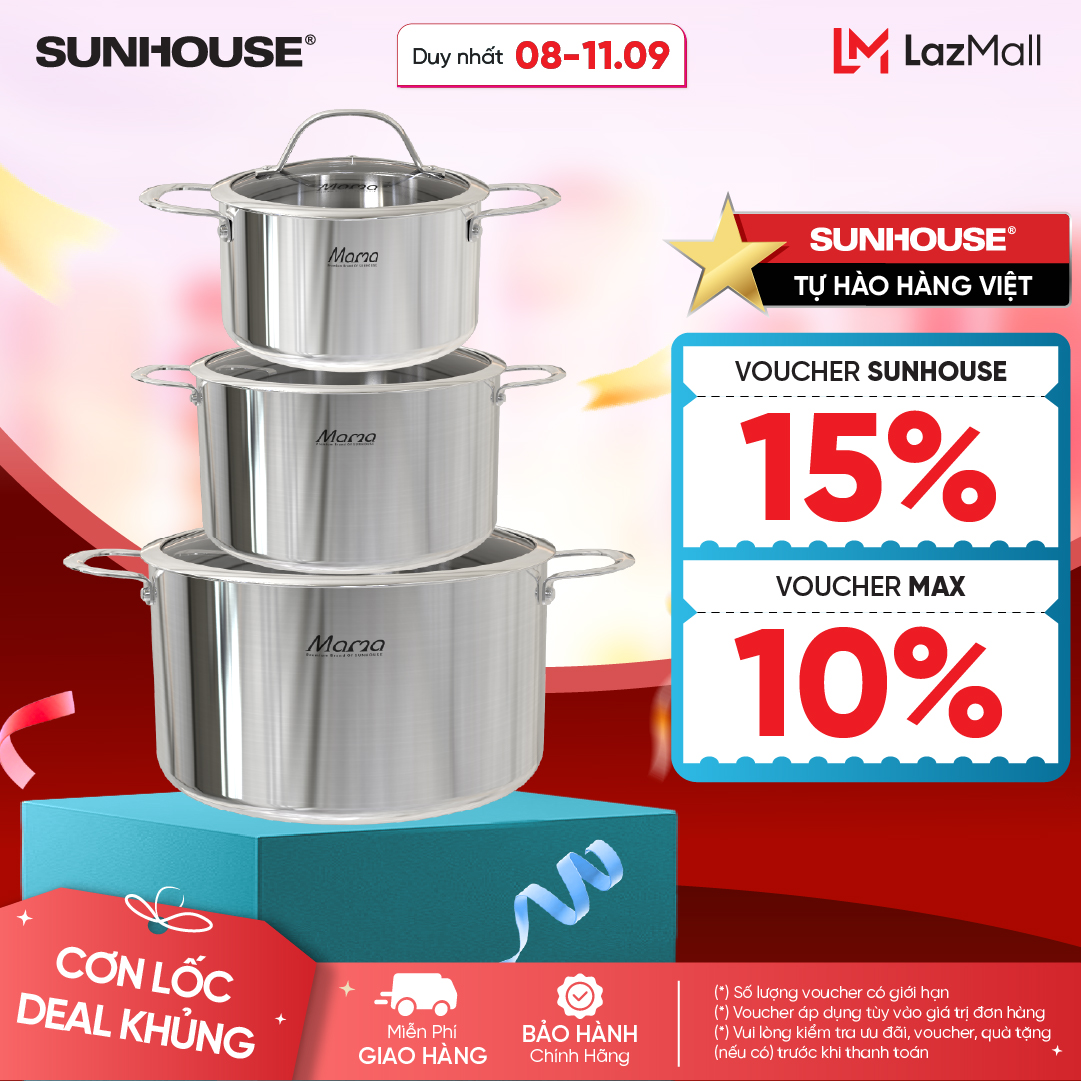 Bộ nồi inox đáy liền nguyên khối SUNHOUSE MAMA SHG701 - Dùng được với mọi loại bếp - Đường kính 16cm