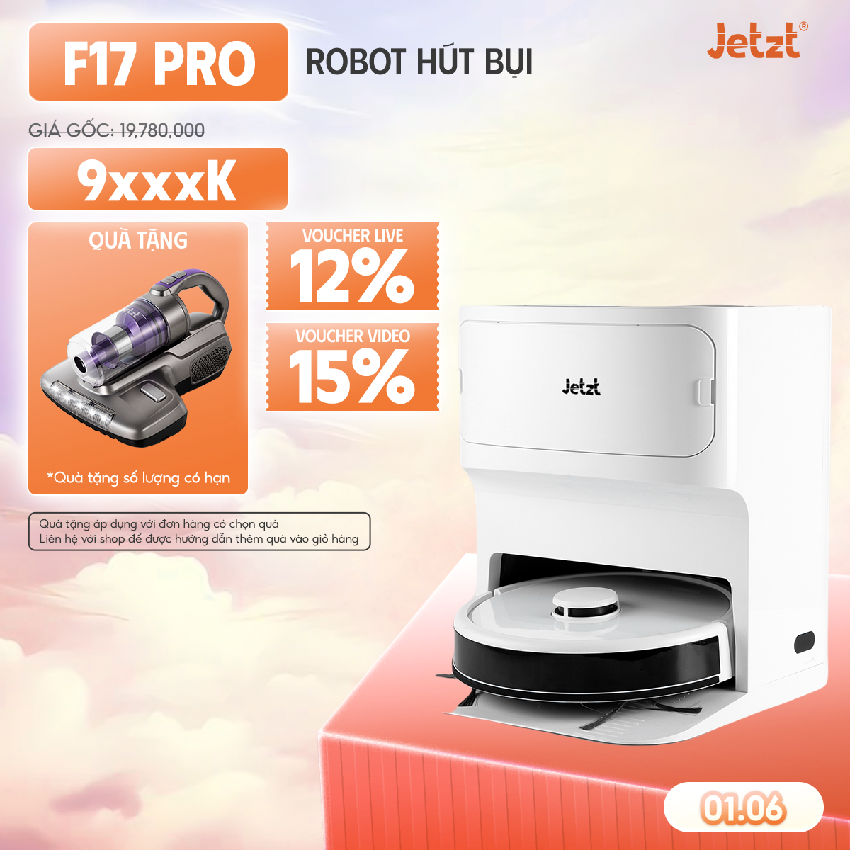 Robot hút bụi lau sàn tự động JETZT F17 PRO - Thiết kế nhỏ gọn, pin 5200mAh