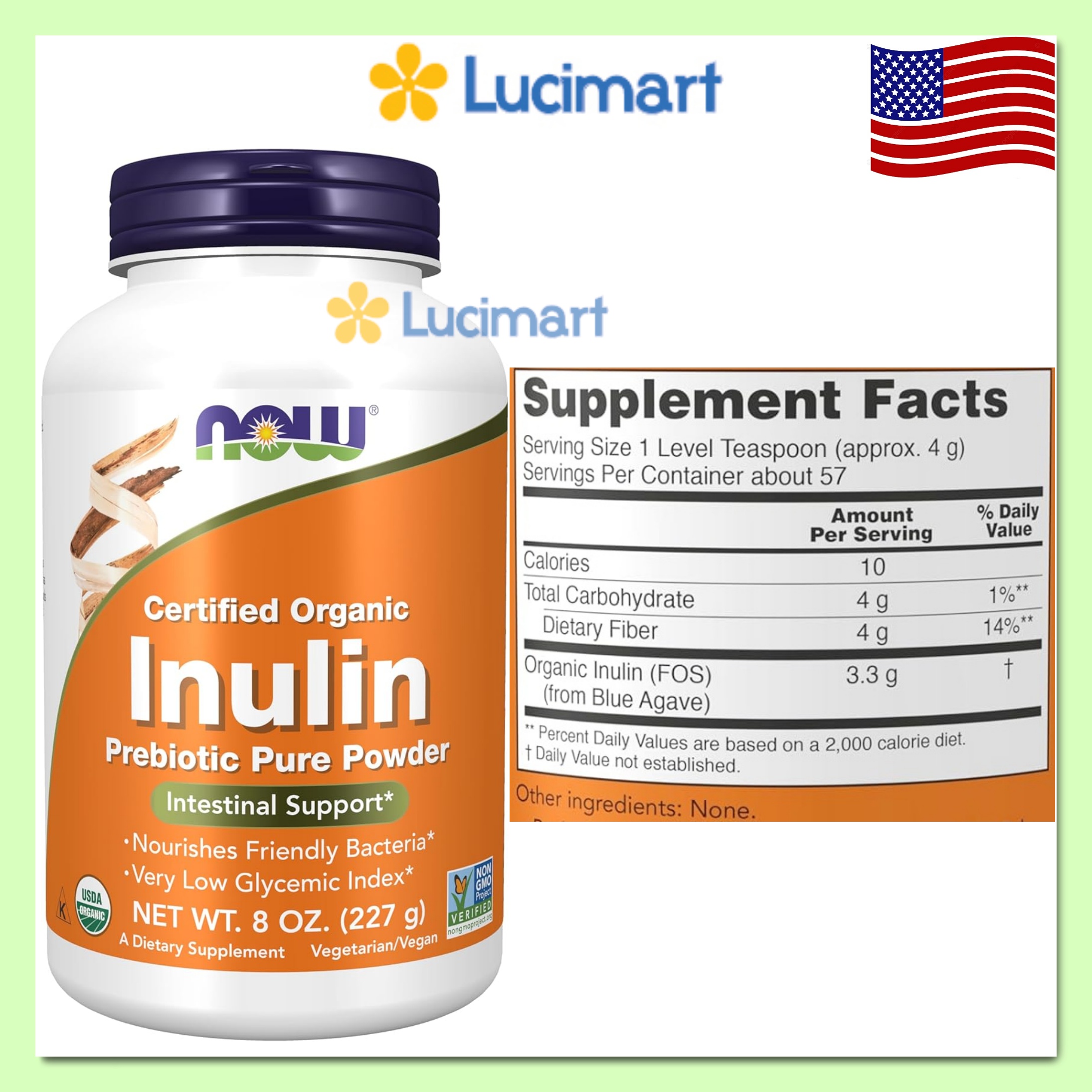 Bột uống Inulin hữu cơ hỗ trợ đường ruột Now Foods [Hàng Mỹ]