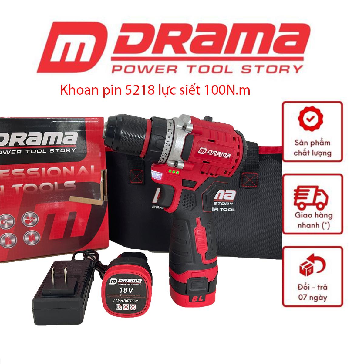 Máy khoan pin DRAMA D-5218 pin 4cell đầu kẹp kim loại 10mm động cơ từ không chổi than