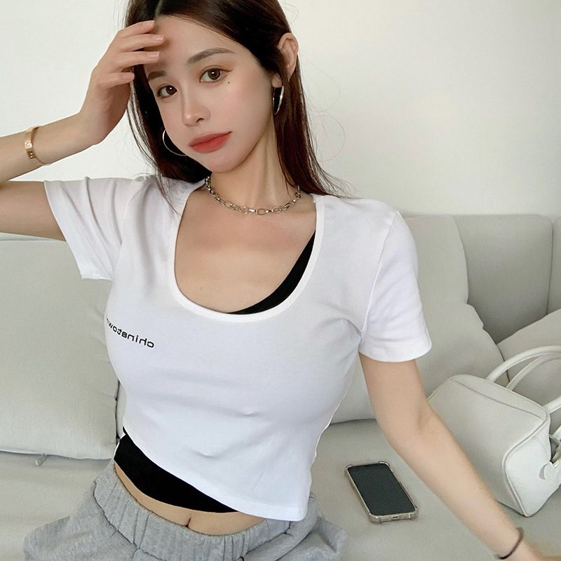 [Free clothing] Áo thun nữ ngắn tay cổ tròn dáng ôm tay áo croptop giả hai lớp áo sơ mi nữ áo kiểu đ
