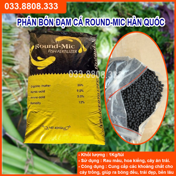 3kg Phân Bón Đạm Cá Hữu Cơ Hàn Quốc Round-Mic cung cấp khoáng chất giúp xanh lá mập cây