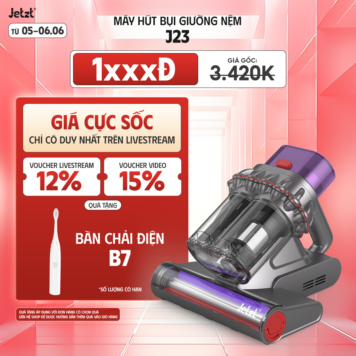 Máy hút bụi giường nệm JETZT J23 - Lực hút 20.000 Pa, Dung lượng 0.3L, Kích thước nhỏ gọn