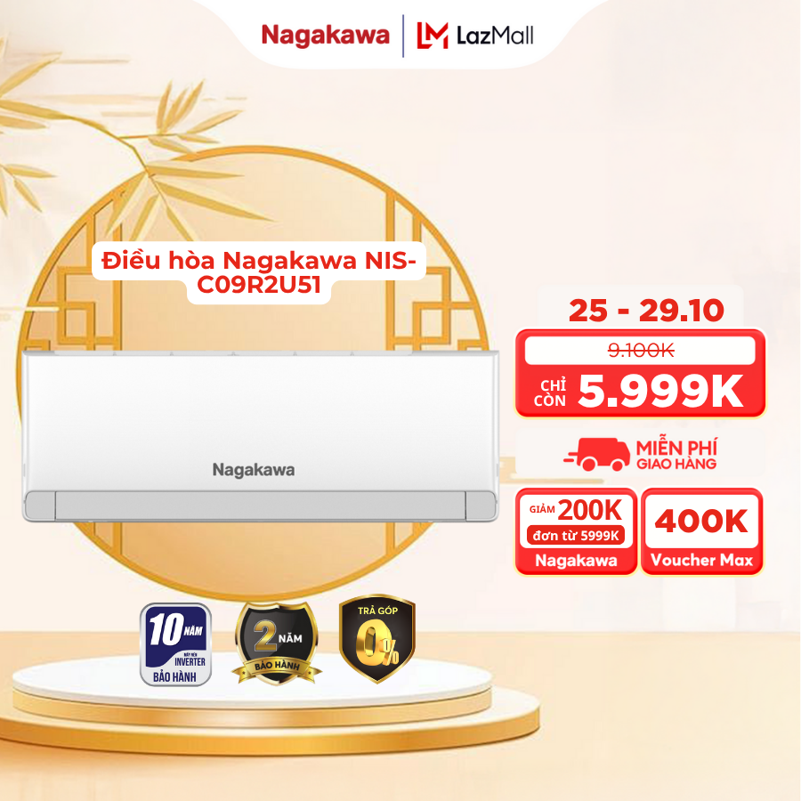 Điều hòa/ Máy lạnh Nagakawa 1 chiều inverter 9000BTU/H (1HP) NIS-C09R2U51 NIS-C09R2T29 NIS-C09R2U51
