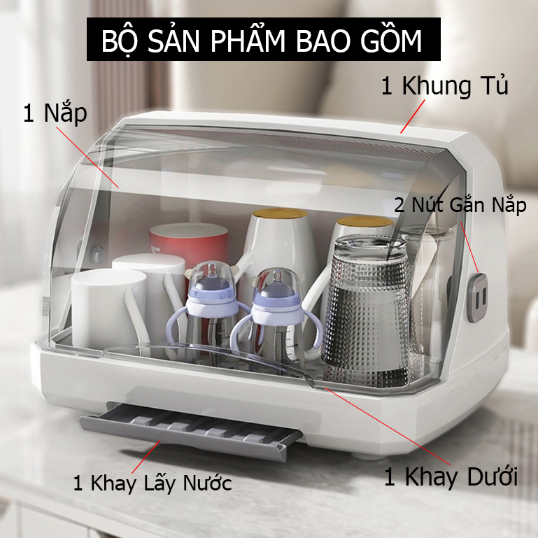 Tủ Úp Chén Bát Có Nắp Trong Suốt Chống Bụi Khay Đựng Bình Sữa Ly Cốc Kèm Khay Thoát Nước Đa Năng