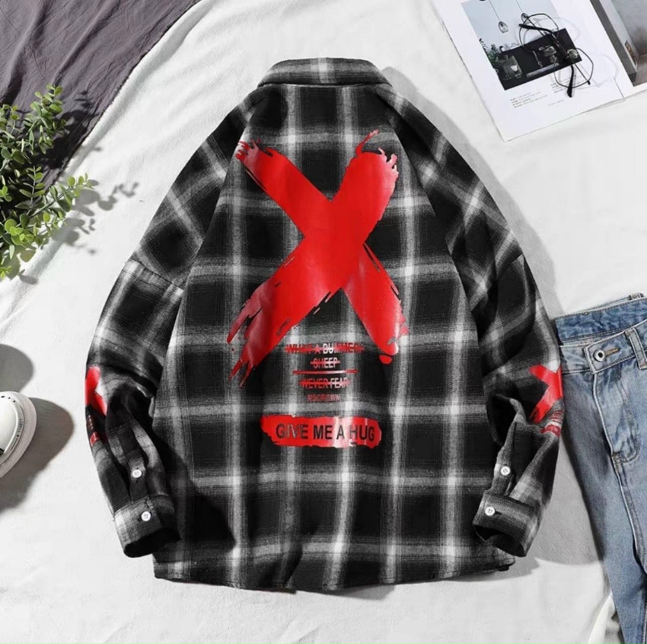 Áo sơ mi nam tay dài áo khoác sơ mi caro Flannel có túi form rộng in chữ X mặt lưng năng động kiểu d