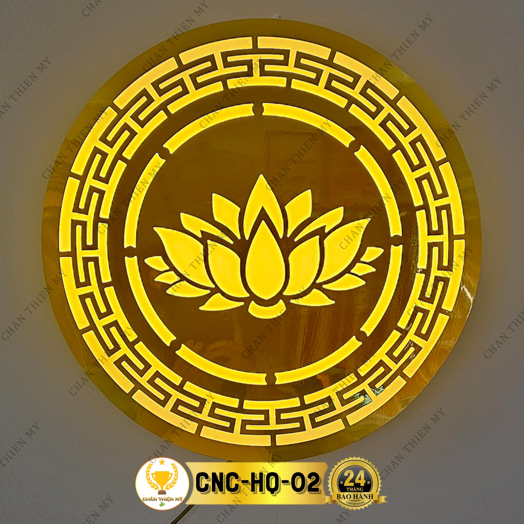Đèn Hào Quang Hoa Sen Gương Vàng Cắt CNC Trang Trí Bàn Thờ Treo Cùng Tượng Phật CNC-HQ-02