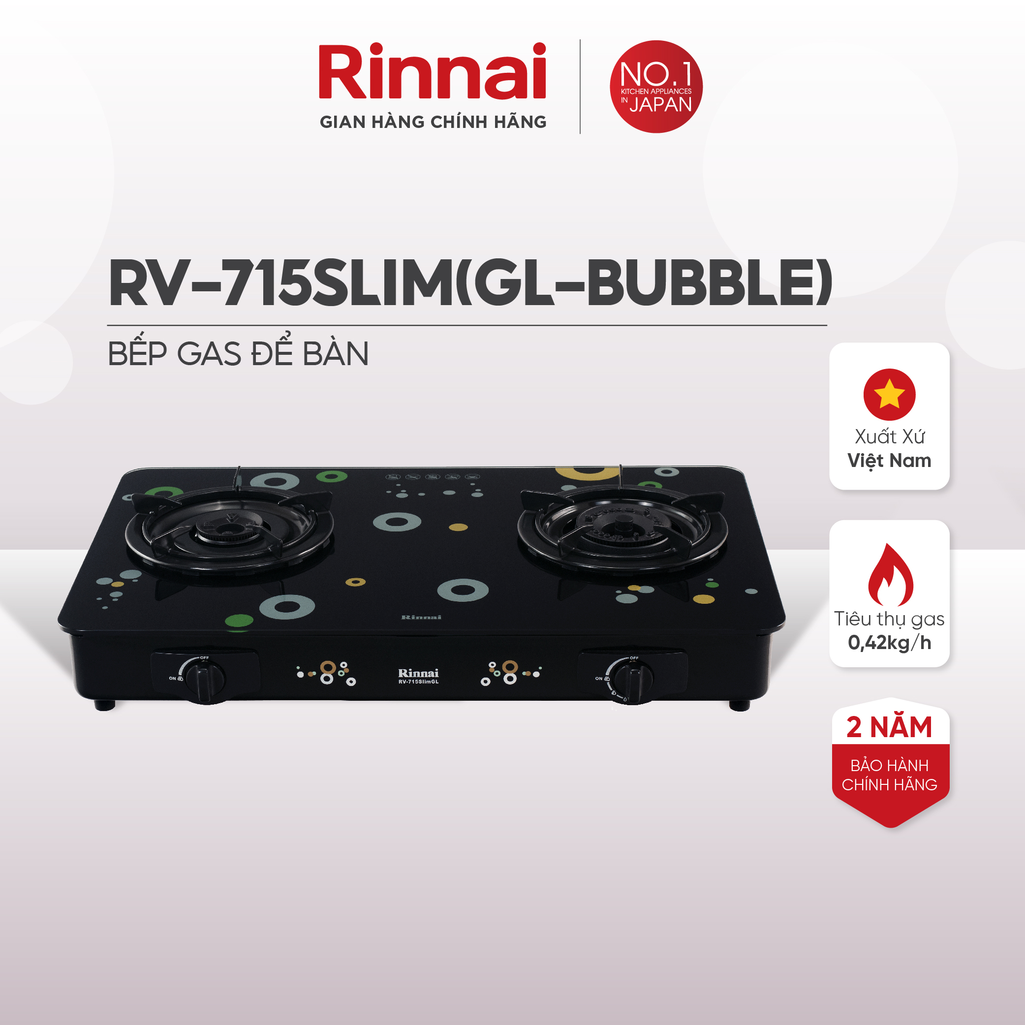 Bếp gas dương Rinnai RV-715Slim(GL-Bubble) mặt bếp kính và kiềng bếp men - Hàng chính hãng.