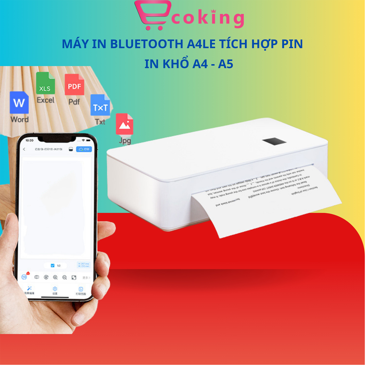 Máy in bluetooth A4-A5 cầm tay ECOKING kết nối được tất cả các dòng điện thoại androi và ios latop p