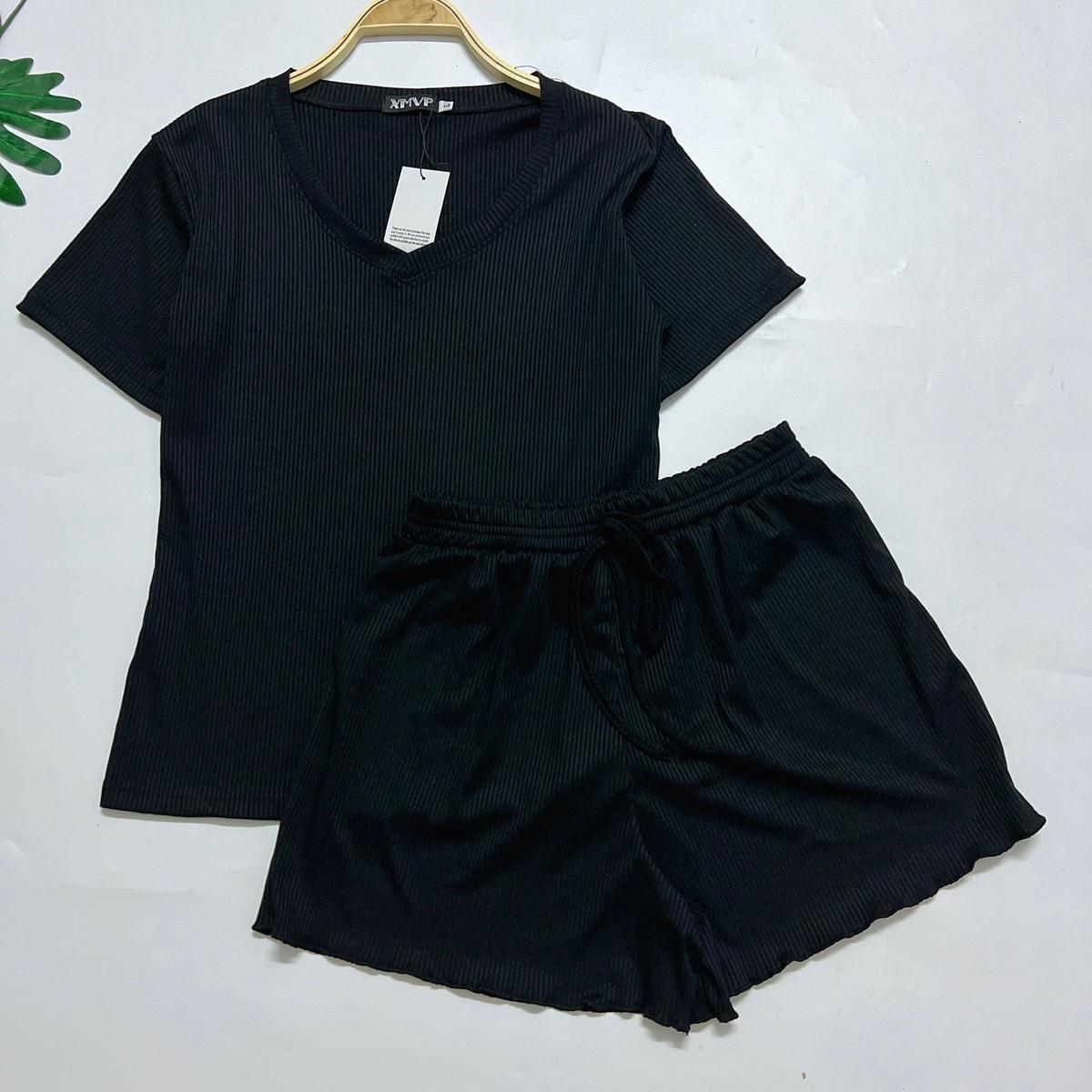 (Size 45-85kg) Đồ bộ nữ đồ bộ mặc nhà bộ đùi cổ tim vải gân tăm mặc mát mùa hè bigsize