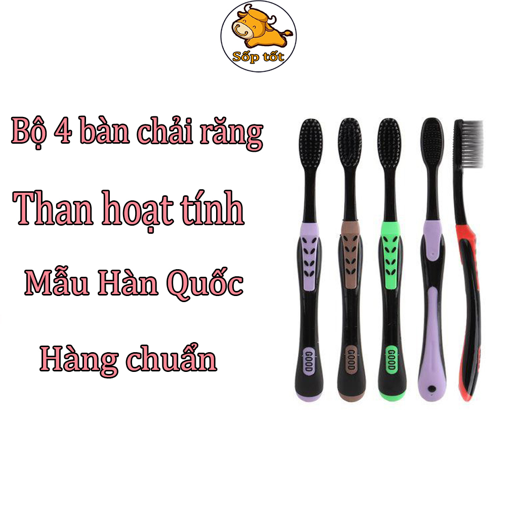 Bàn Chải Đánh Răng Than Hoạt Tính Hàn Quốc Bộ 4 Cây Lông Mịn Mềm Cao Cấp Gd56