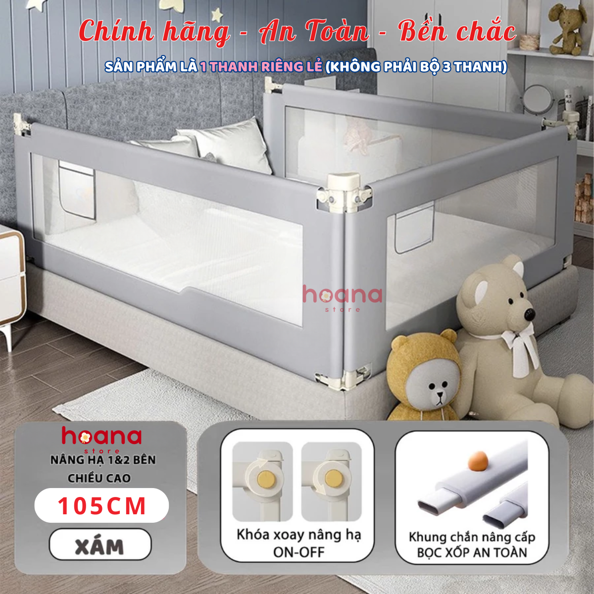 Thanh chắn giường cho bé Bamboo mới nhất 2025 Thanh chắn giường nâng hạ từng bên dễ dàng an toàn cho bé - HOANA