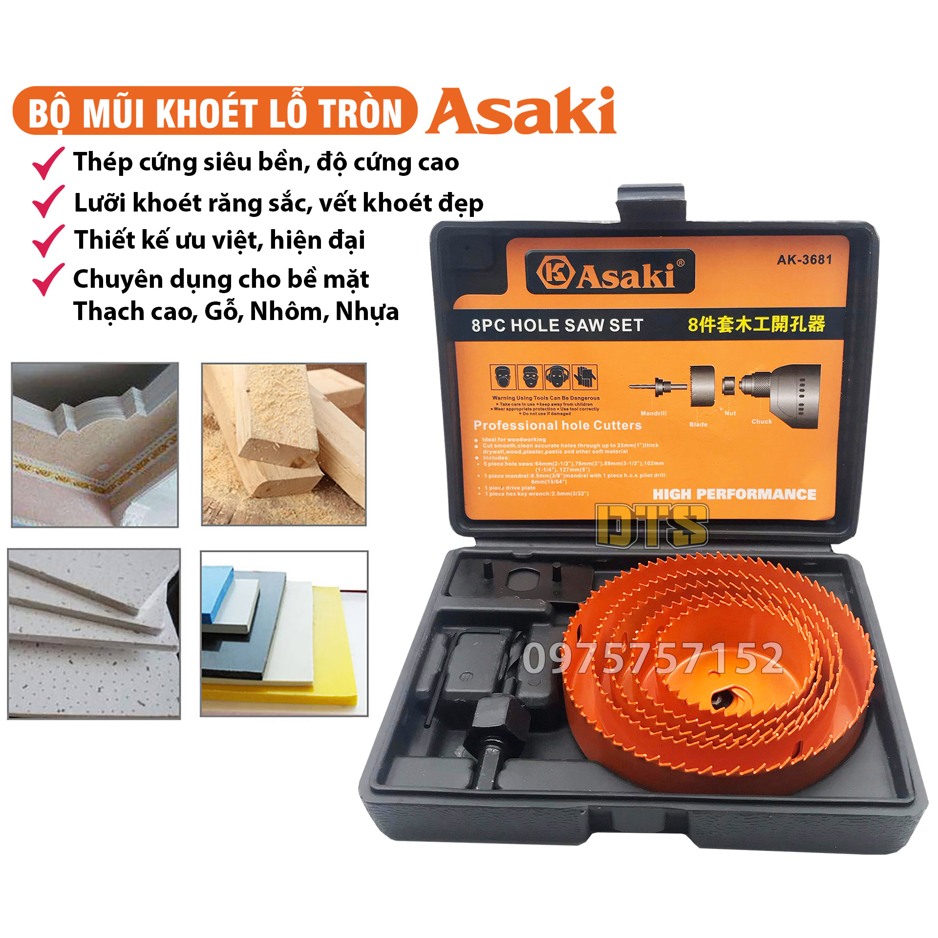 Bộ 5 mũi khoan khoét lỗ tròn thạch cao gỗ Ø64-127mm hãng Asaki AK-3681 bộ khoét lỗ trần thạch cao kh