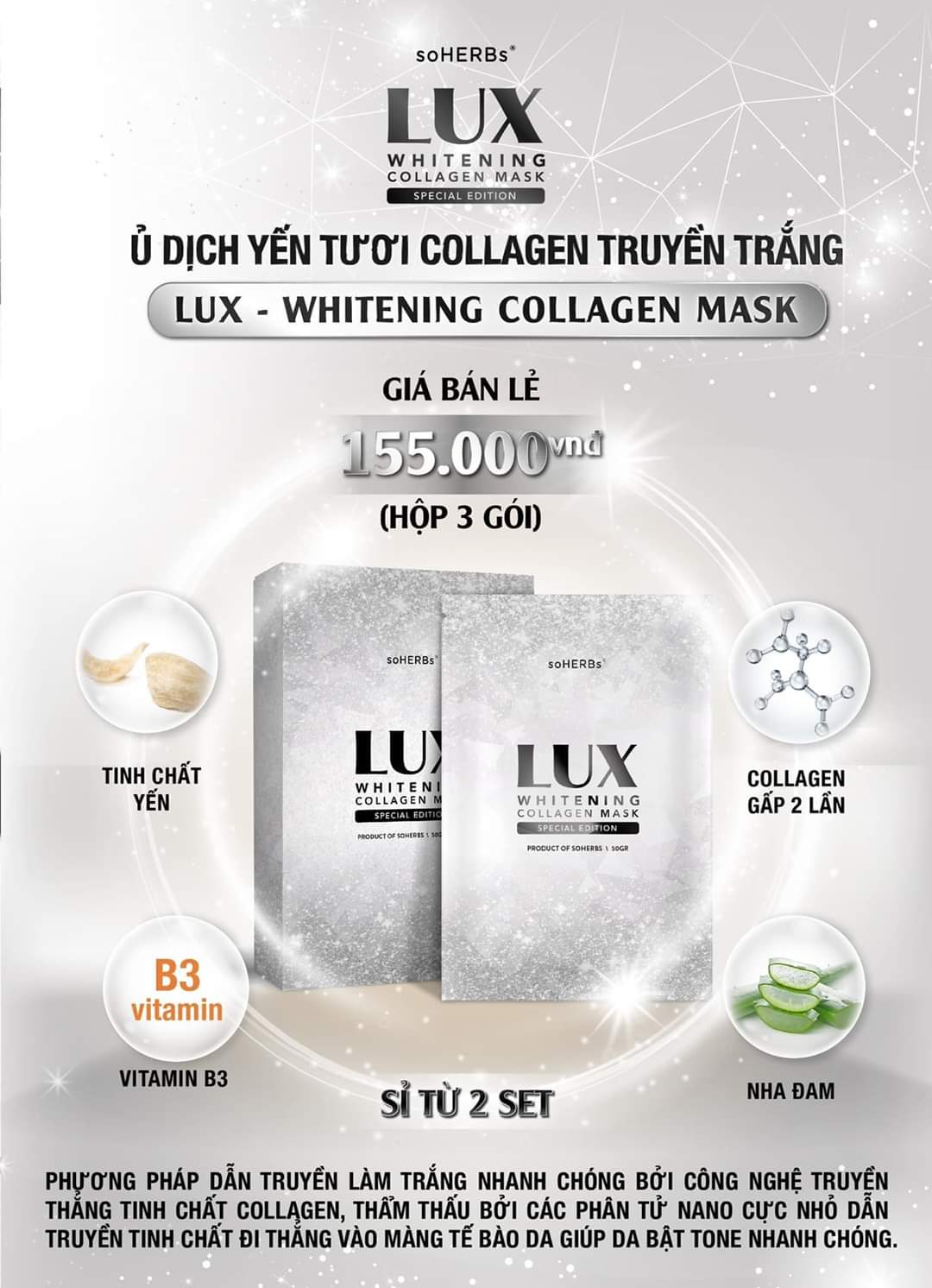 [Hcm]Hàng Chính Hãng Date 2023 - 1 Hộp 3 Gói Ủ Trắng Lux Tinh Chất Yến Tươi Collagen Truyền Trắng Lux Soherbs