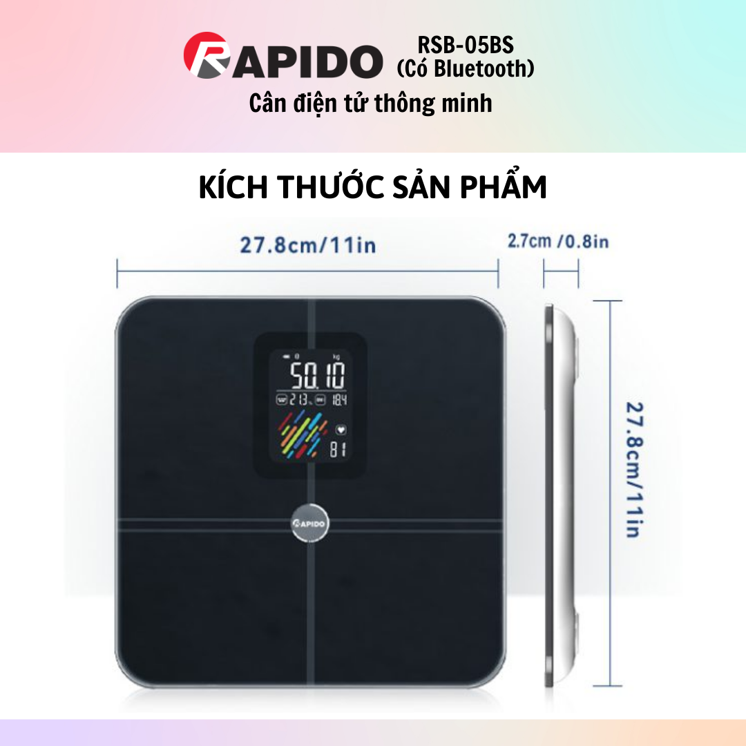 Cân điện tử Rapido RSB05-BS - Đo 21 chỉ số, kết nối Bluetooth, màu đen