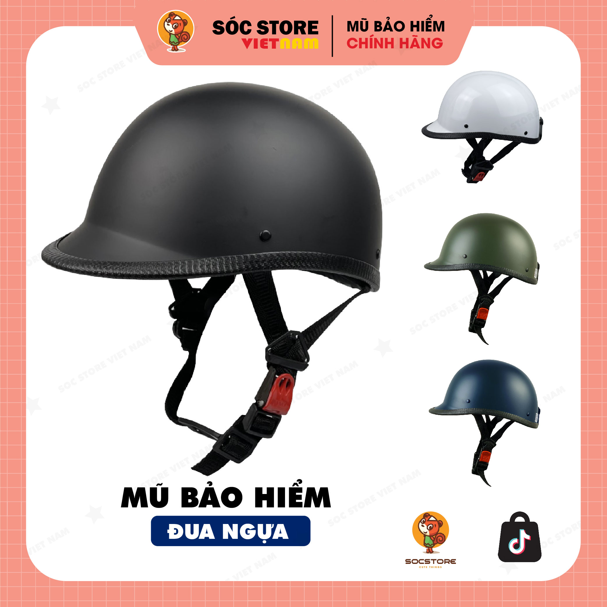 Mũ bảo hiểm nửa đầu kiểu đua ngựa Sóc Store chính hãng nón bảo hiểm thể thao màu đen trắng xanh free