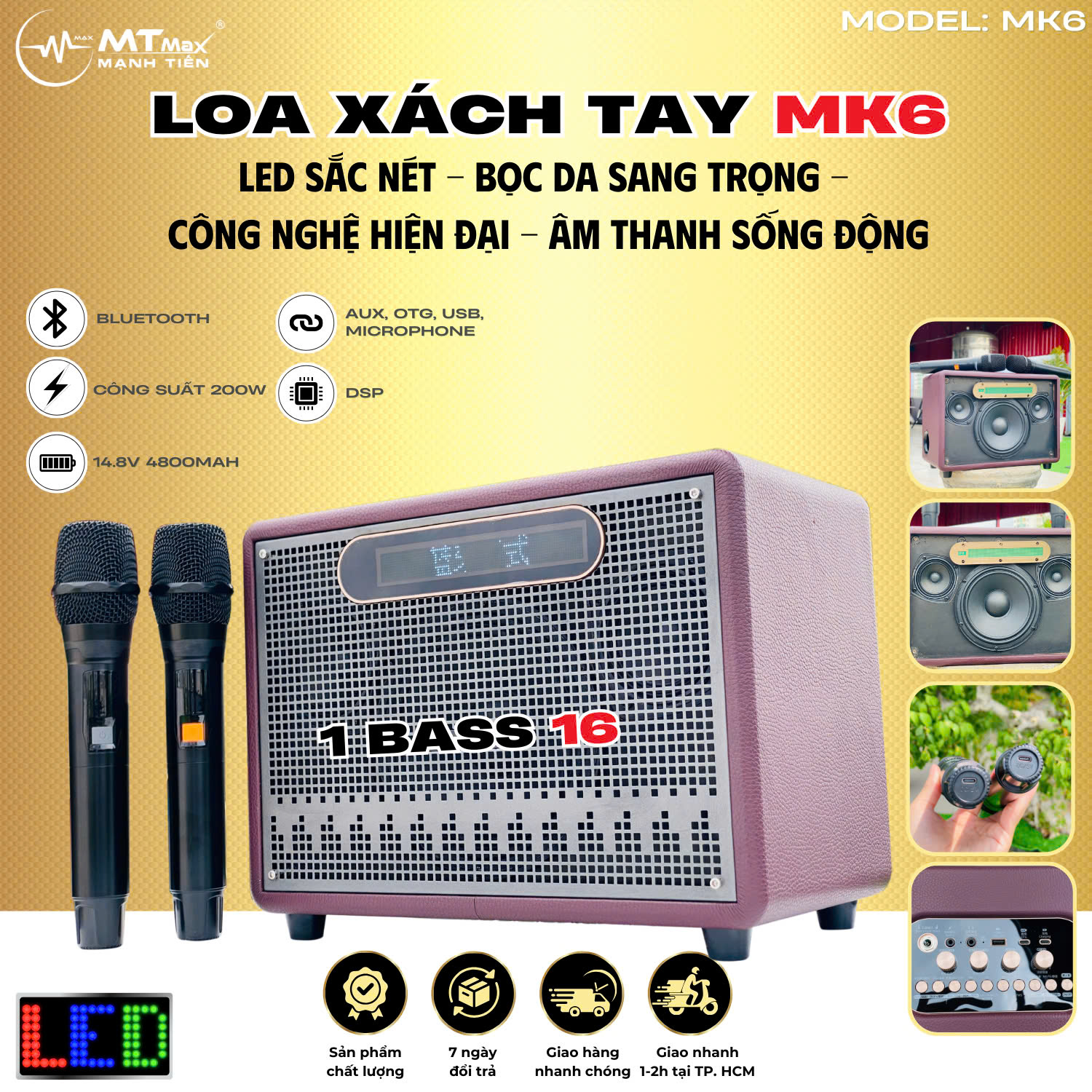 [LOA BỌC DA CAO CẤP] Loa Xách Tay Bluetooth MK6 1 Bass 16 1 Trung Công Suất Tối Đa 200W Cho Âm Thanh