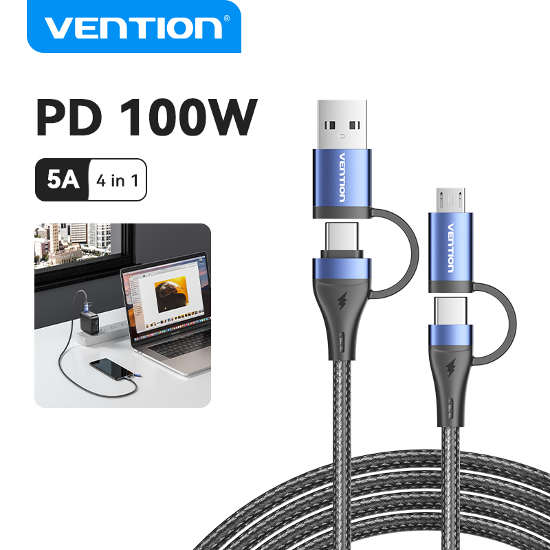 Vention Cáp dữ liệu hợp kim nhôm 4-in-1 phí 100W cao sạc tốc độ hỗ trợ máy tính xách tay Máy tính bả