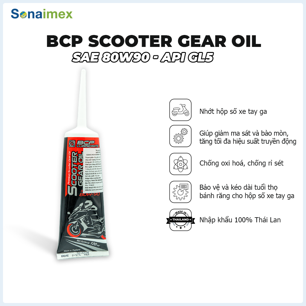 Nhớt hộp số xe tay ga (nhớt láp) BCP Thái Lan Scooter Gear Oil SAE 80W90 API GL-5 tuýp 120 mL - Dầu 