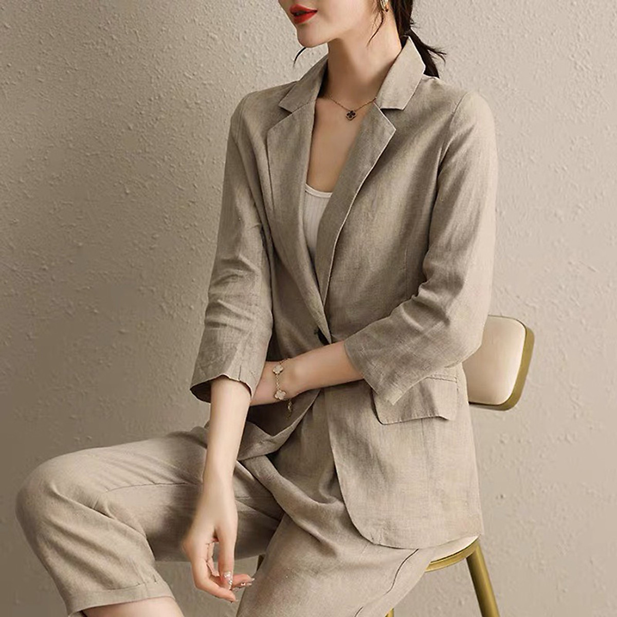 Áo vest blazer Linen nữ tay dài ve vuông túi bổ nắp trẻ trung chất vải Linen bột Premium (Xanh than) có 9 màu lựa chọn