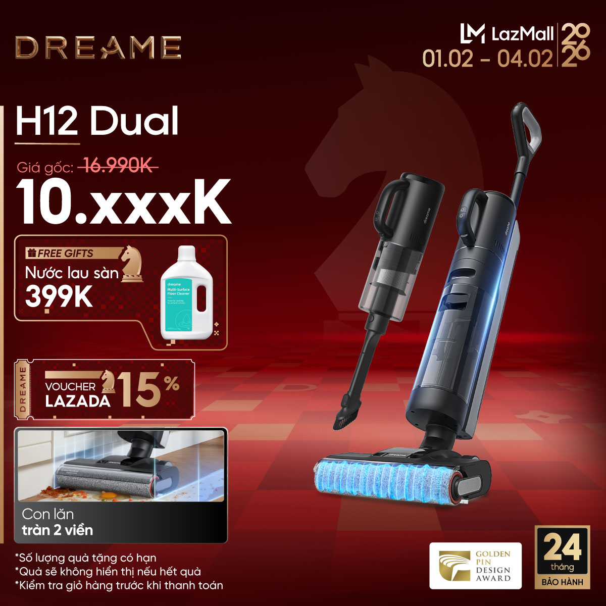 Máy hút bụi lau nhà Dreame H12 Dual - Kích thước 28x22x110cm, Dung lượng thùng rác 700mL