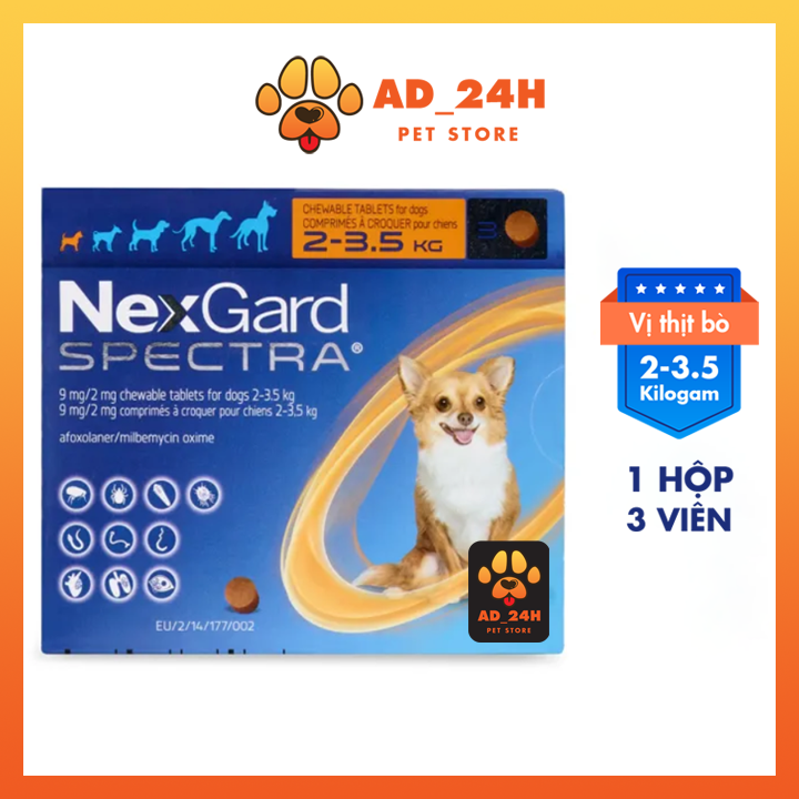 Hộp 3 viên NEXGARD SPECTRA - Viên nhai phòng &amp; trị nội ngoại ký sinh (ve rận bọ chét ghẻ Demodex Sarcoptes giun) dành cho Chó_Shop__24H