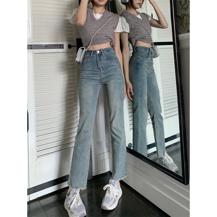 ¤♣✵  Quần Jean Nữ Ống Đứng Gấu Tua Rua  Quần Bò Nữ Ống Đứng Loe Nhẹ Cực Cá Tính DC27