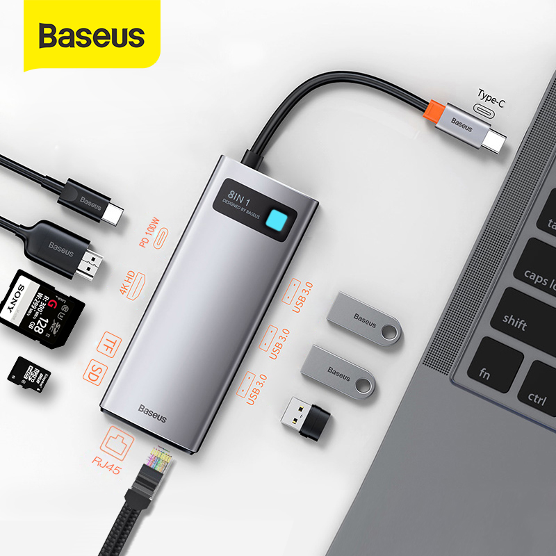 BASEUS Bộ chuyển đổi 8 trong 1 USB C HUB Type C sang HDMI tương thích với USB 3.0 Đế cắm HUB RJ45 Đầ