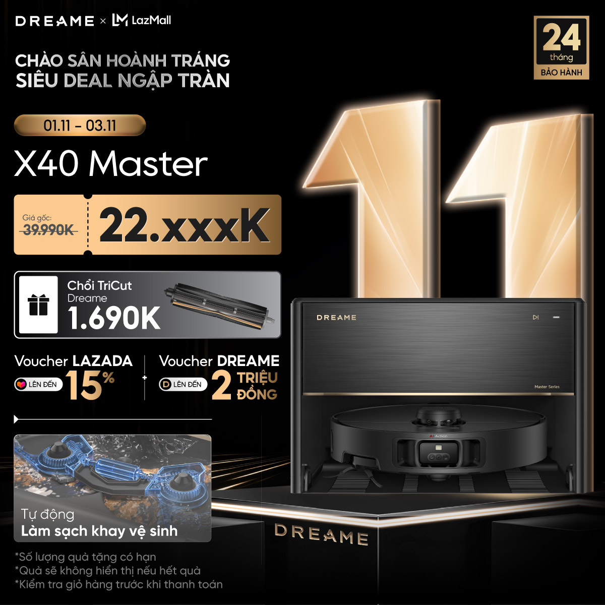 Robot hút bụi lau sàn thông minh Dreame X50 Master - Kích thước 350x350x89mm, Dung lượng 0.395L