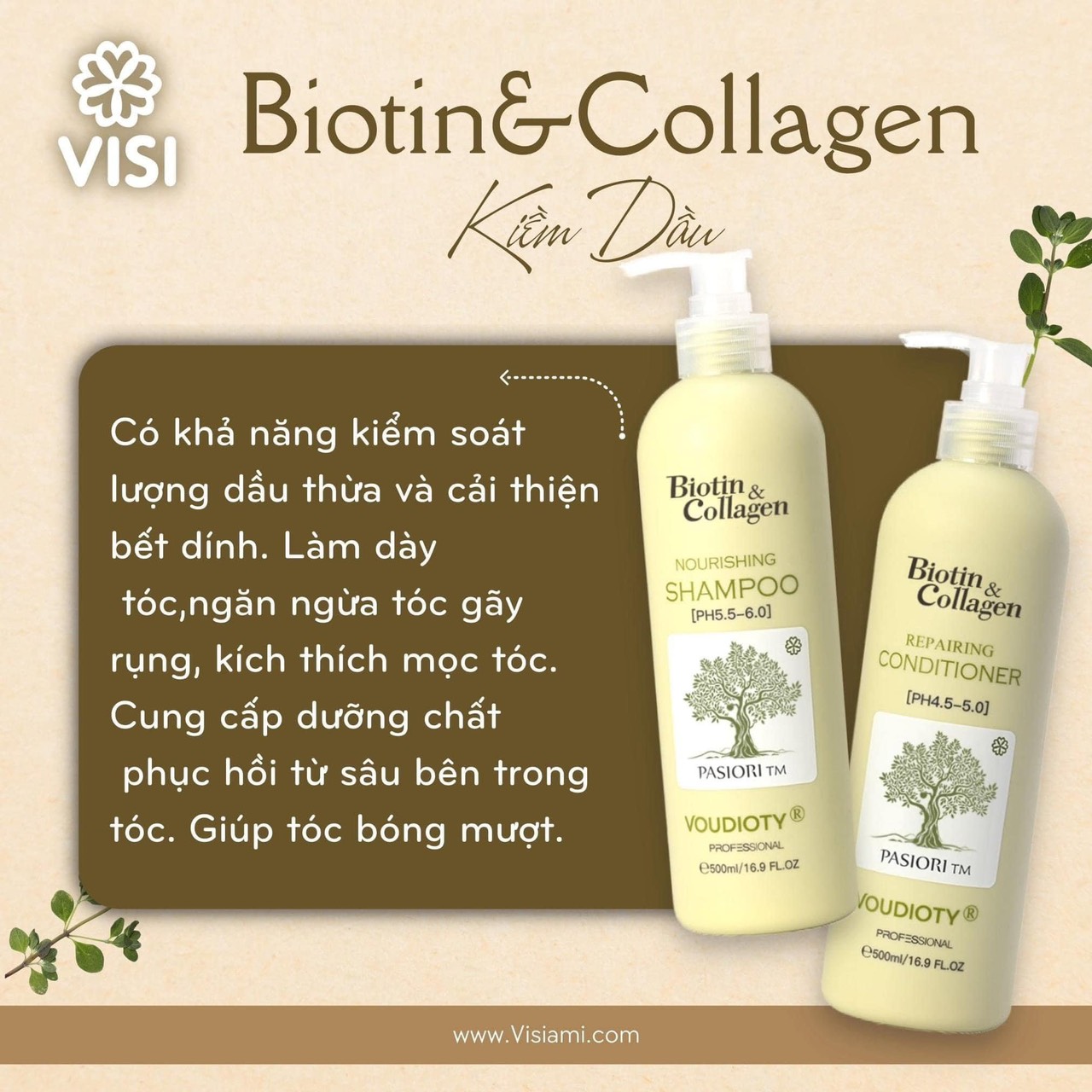 Dầu gội xả Biotin Collagen VOUDIOTY xanh lá gội xả kiềm dầu phục hồi tóc tinh chất thiên nhiên 500ml - 1000ml
