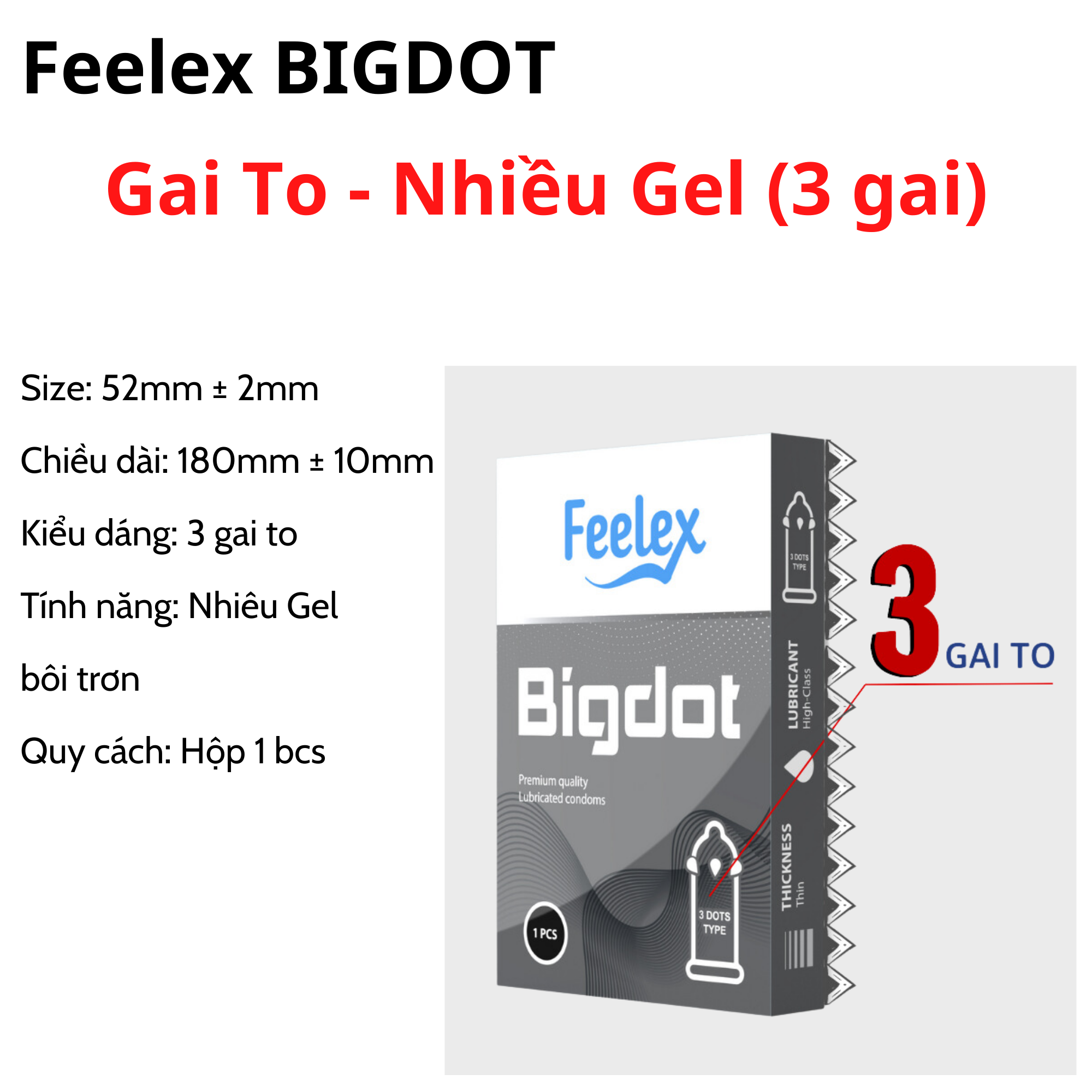 Bao cao su gai to Feelex Bigdot có 3 bi lớn nhiều gel bôi trơn - Hộp 1 chiếc