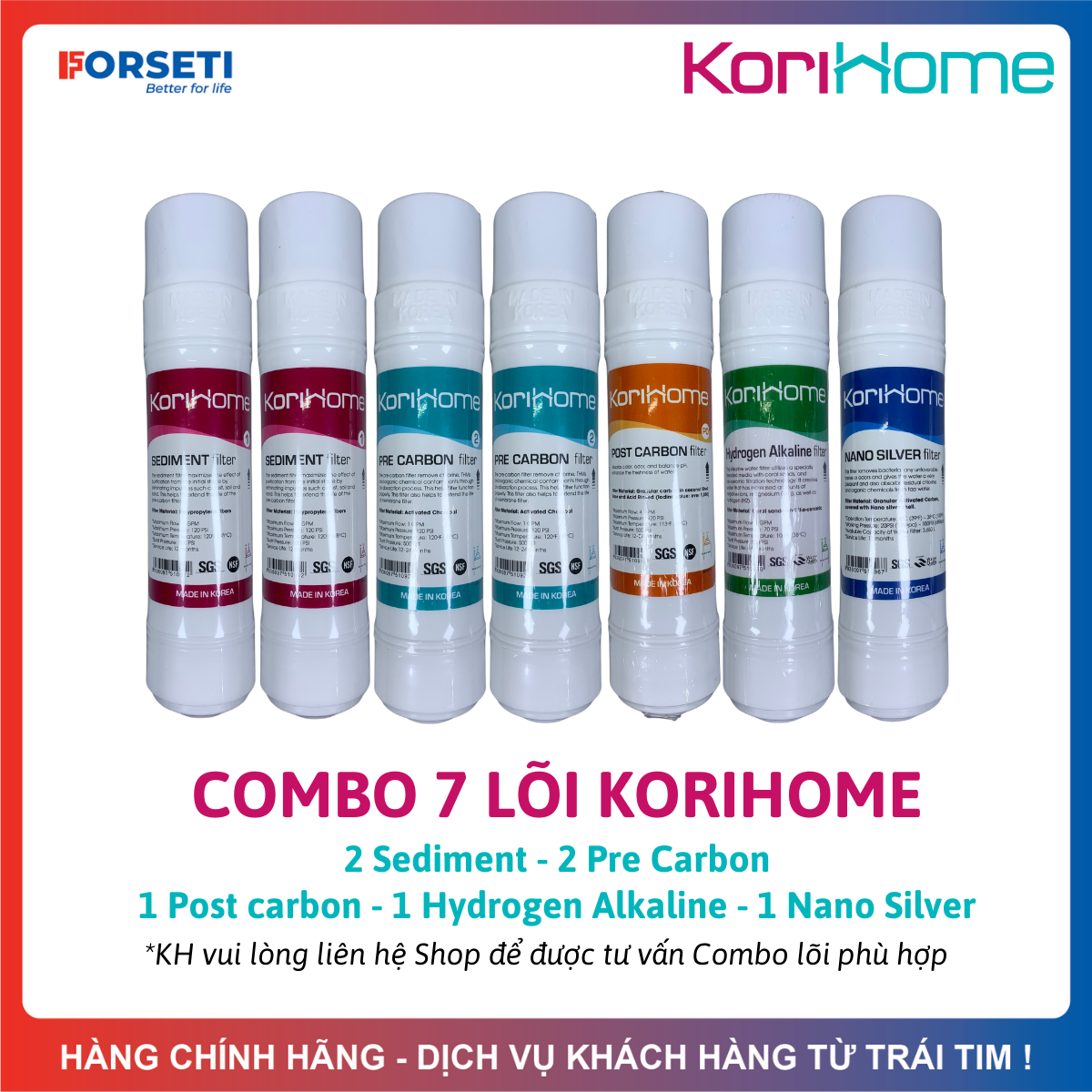 Combo 8 Lõi Lọc Korihome Gồm 2 Sediment + 2 Pre Carbon + 1 Màng RO Membrane + 1 Post Carbon + 1 Hydr