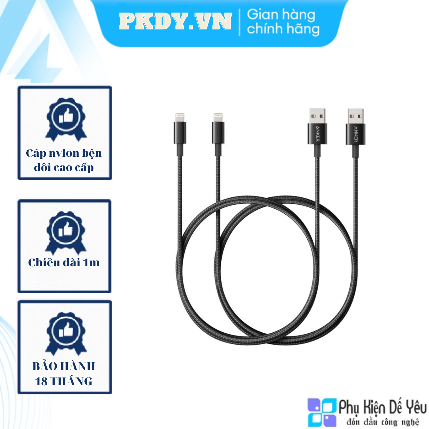 Cáp Lightning bện Nylon Anker 1m - A8152 [CHÍNH HÃNG PHÂN PHỐI BẢO HÀNH 18 THÁNG]