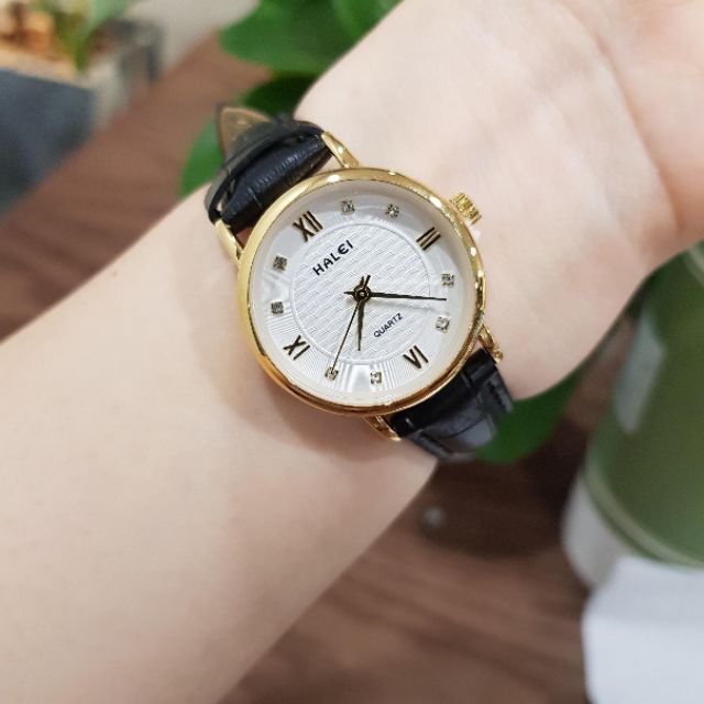 Đồng hồ nam nữ Halei mã 545L dây da viền vàng chống nước tuyệt đối chính hãng giá rẻ