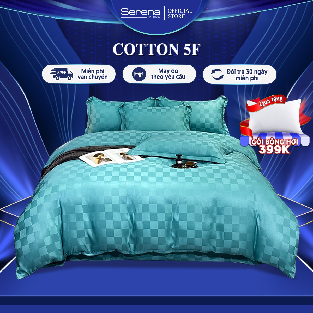 Ga giường 5 món cotton 5F SERENA chính hãng chuẩn khách sạn 5 sao bộ vỏ chăn ga drap ra gối nệm đệm 