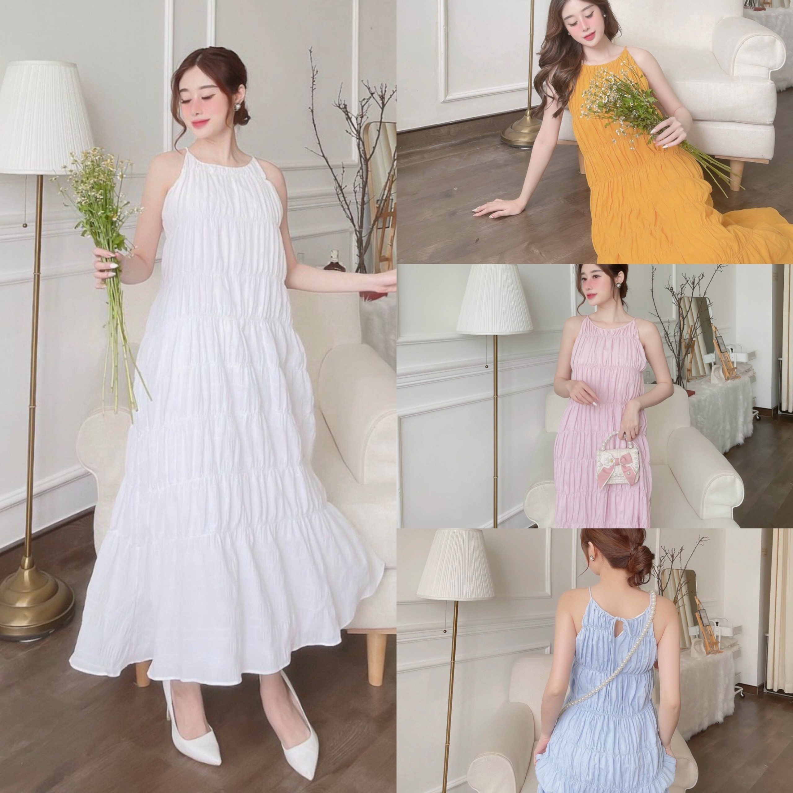 [Ảnh thật] Đầm maxi 2 dây cổ yếm nhún tầng