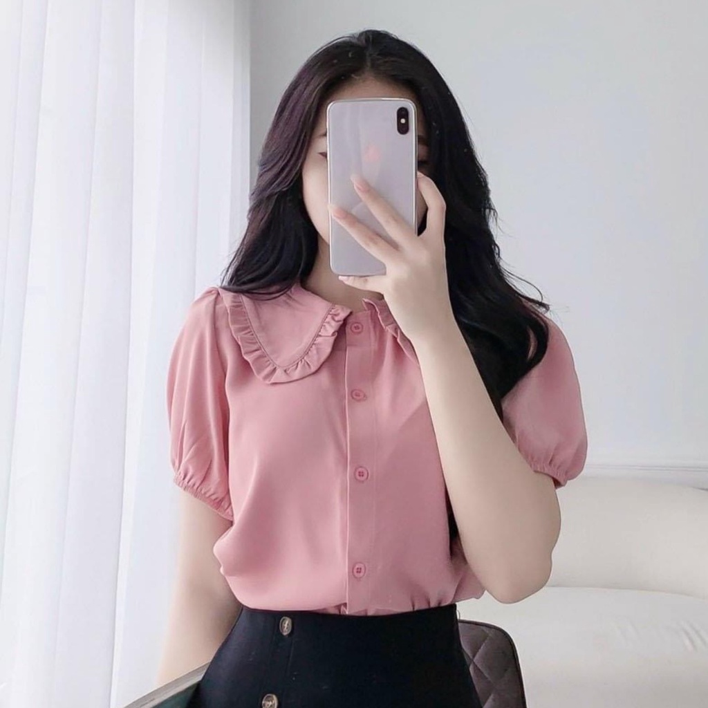 Áo sơ mi nữ Bassic cộc tay Gloria Shop Áo kiểu nữ cổ bèo  thời trang chất Lụa hàn cao cấp - màu hồng