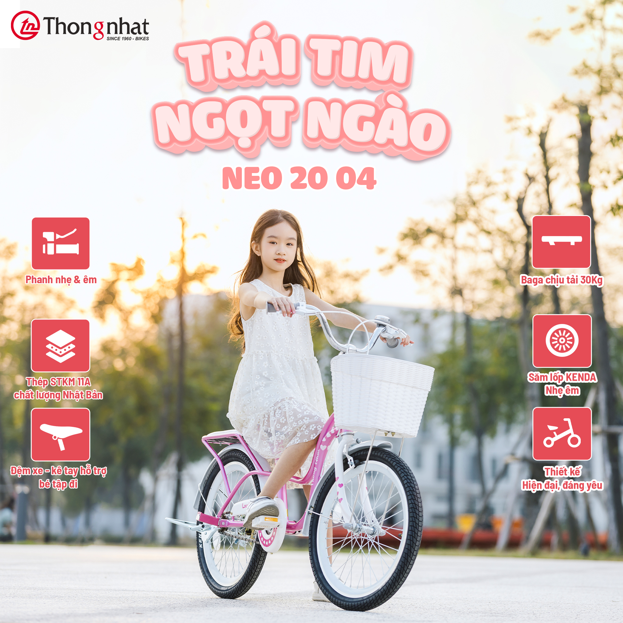 xe đạp trẻ em cho bé gái hãng Thống Nhất mã Neo 20-04 - HÀNG CHÍNH HÃNG ( Xe phù hợp cho bé gái từ 7 đến 10 tuổi )