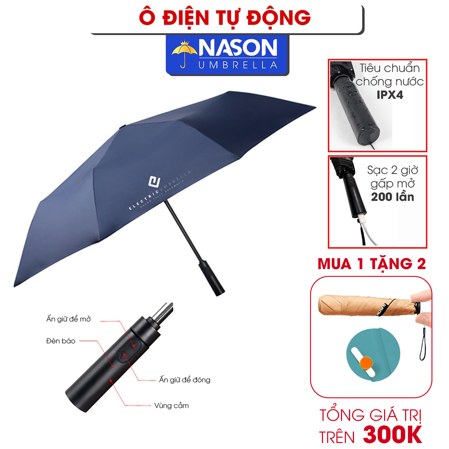 Ô dù điện thông minh Electric Auto Umbrella Nason đóng mở tự động chống gió cấp 6 che nắng che mưa chống UV- Tặng ô siêu nhẹ