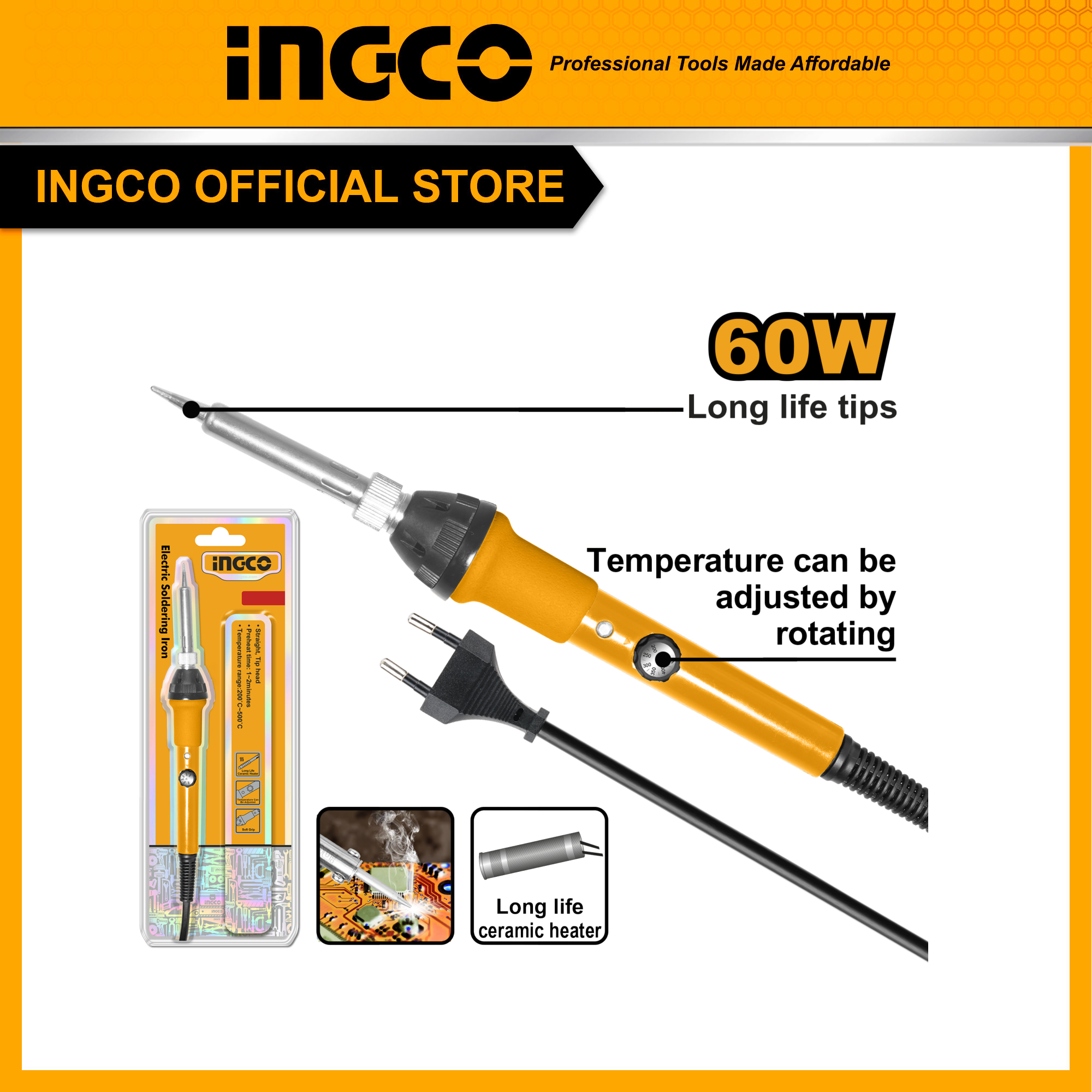 Mỏ hàn chì Ingco SI016831 60W - Điều chỉnh nhiệt độ, đầu thẳng nhọn