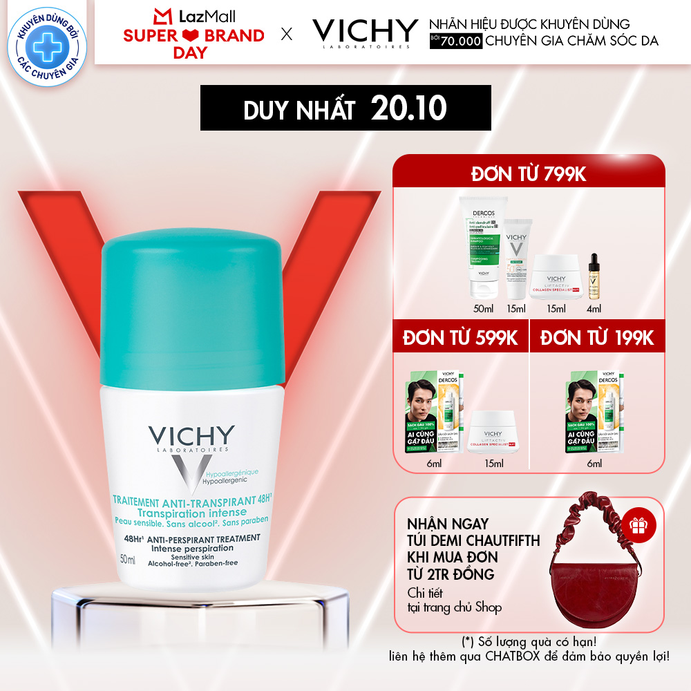 Lăn khử mùi khô thoáng ngăn tiết mồ hôi vùng da dưới cánh tay lên đến 48H Vichy Traitement Anti - Pe