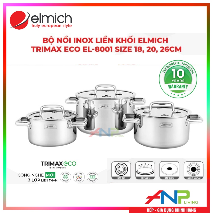 Bộ 3 Nồi Inox Liền Đáy Elmich Trimax ECO EL-8001 size 18 20 26cm