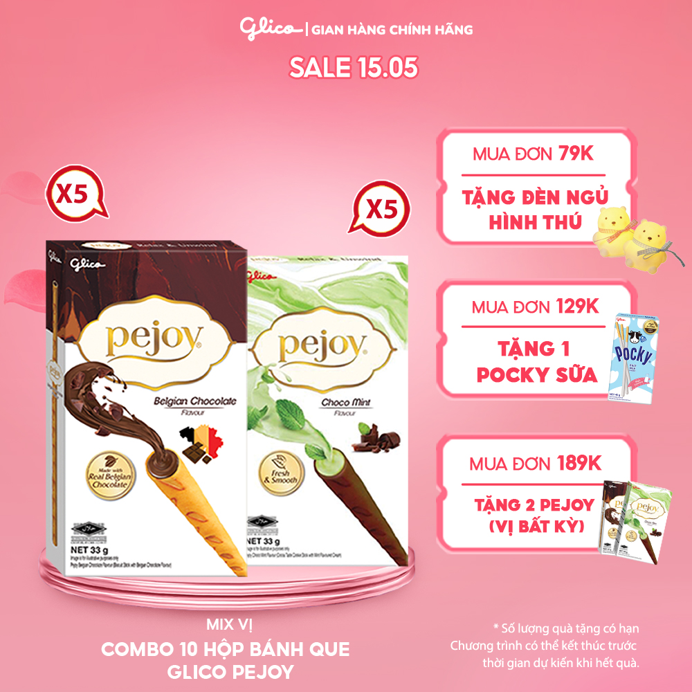 Combo 10 hộp Happy Set D Bánh que nhân kem mix 2 vị socola & socola bạc hà GLICO Pejoy (5 Chocolate 