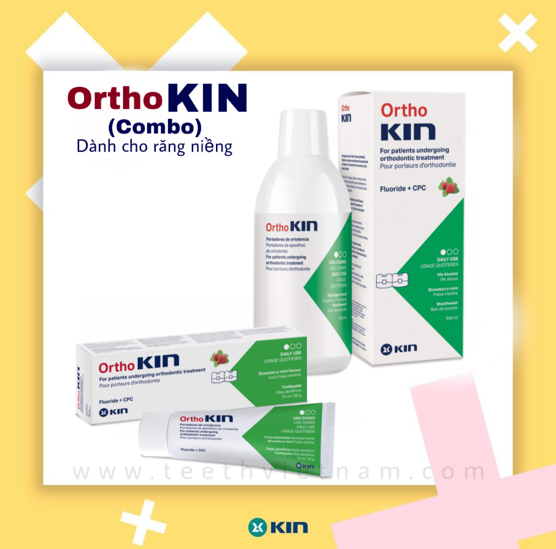 Combo Kem Đánh Răng + Nước Súc Miệng Ortho Kin Cho Răng Niềng 500Ml