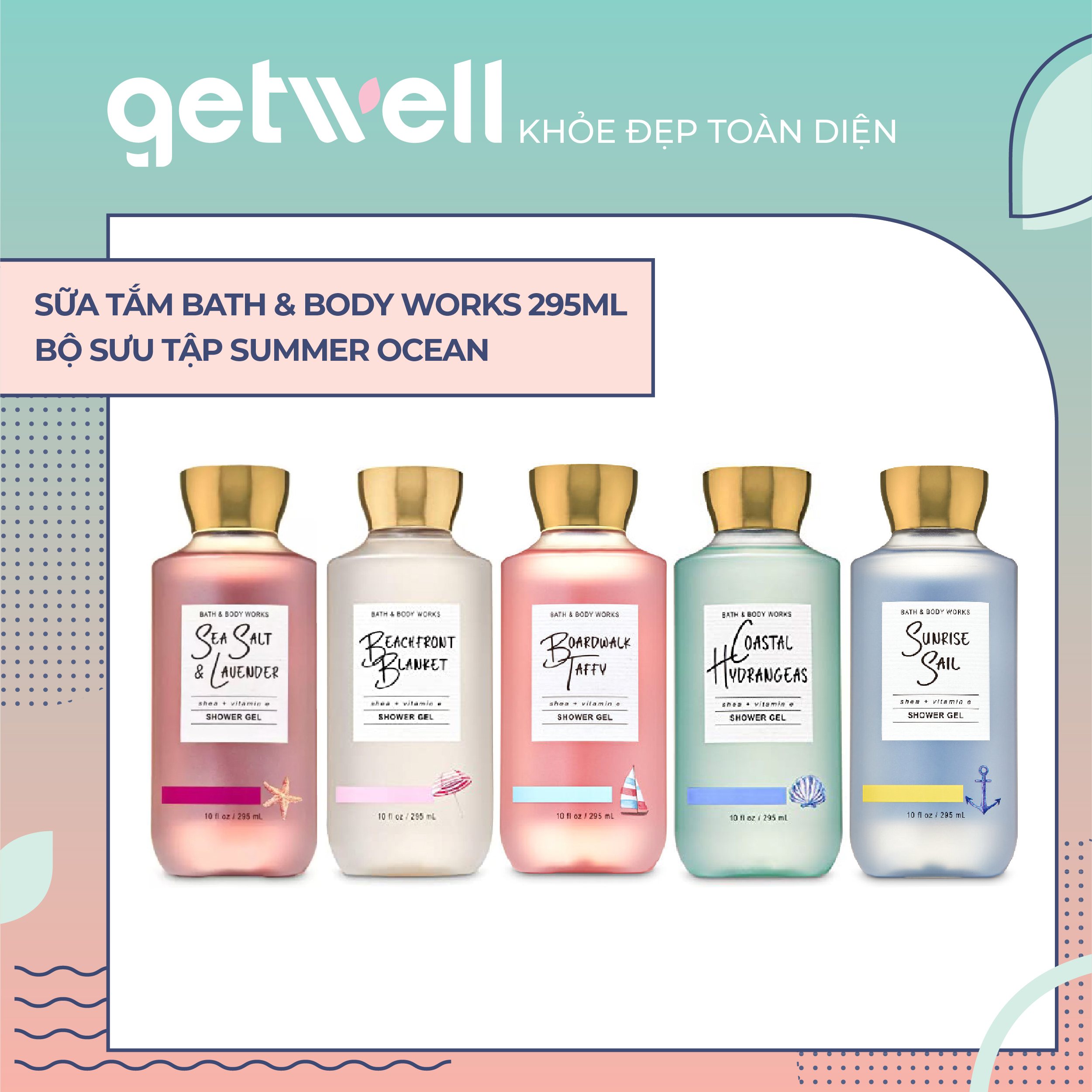 [HCM]BOARDWALK TAFFY | SEA SALT & LAVENDER | BEACHFRONT BLANKET | COASTAL HYDRANGEAS | GEL TẮM LƯU HƯƠNG BATH & BODY WORKS 295ML