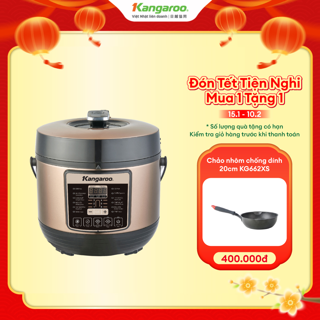 Nồi áp suất điện Kangaroo KG5P1 5 lít, màu đen và vàng đồng